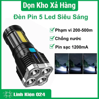 Đèn pin 5 led COB siêu sáng chống nước IPX4 (chưa gồm pin)