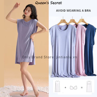 [Queen 's Secret] Chất lượng cao cấp Nhật Bản đơn giản với miếng đệm ngực cỡ lớn Váy ngủ rộng rãi, mặc ở nhà, cộng với váy ngắn tay dài