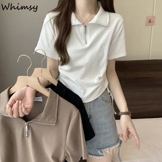 Whimsy POLO cổ dây kéo vai phải áo thun ngắn tay nữ thiết kế mùa hè dây rút mỏng ngắn hàng đầu hợp thời trang