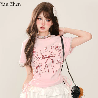 Áo thun nữ Yan Zhen y2k ngọt ngào mát mẻ cô gái nơ Hàn Quốc đa năng hàng ngày thoải mái ren mỏng kích thước lớn áo ngắn tay