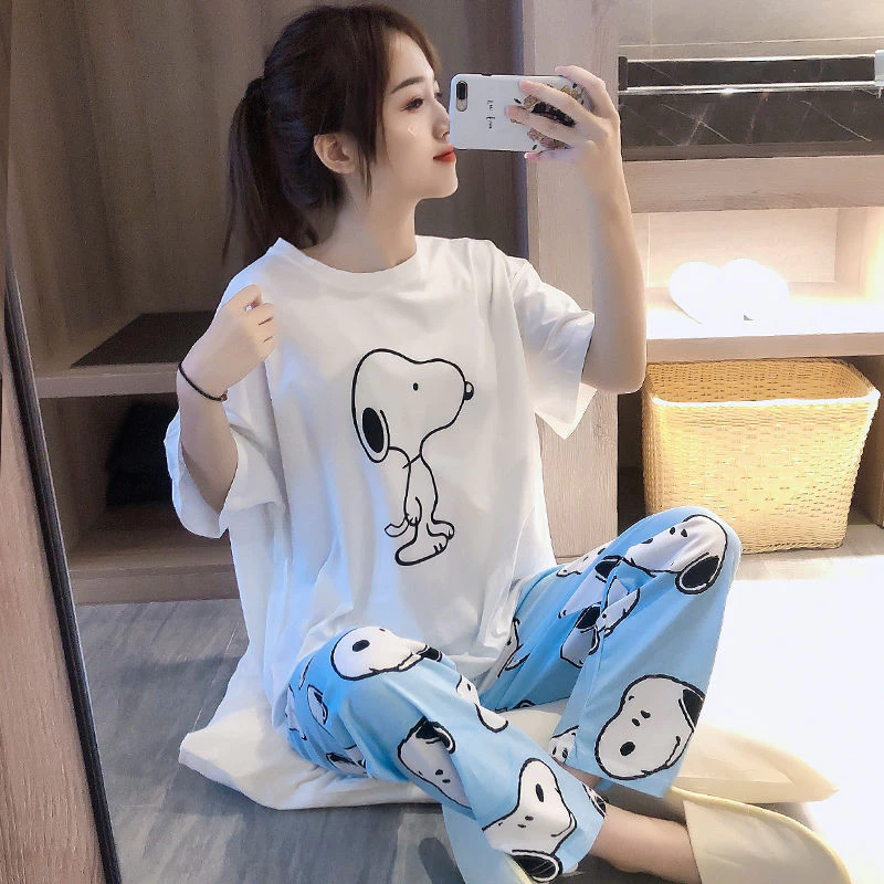 Bộ đồ ngủ cho nữ mùa hè cotton nguyên chất tay ngắn dáng rộng lớn hai mảnh quần dài cotton hoạt hình dễ thương nữ mặc nhà