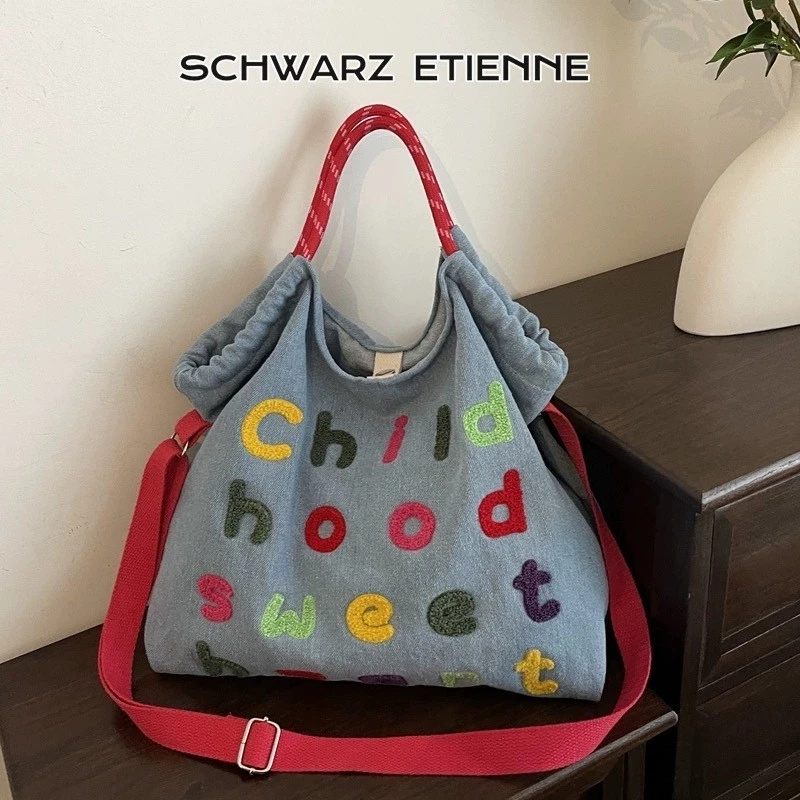 SCHWARZ ETIENNE Túi tote denim thông thường dành cho nữ Túi đeo vai và đeo chéo cỡ lớn thời trang phong cách Nhật Bản và Hàn Quốc