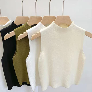 Mùa Xuân Xe Tăng Tee Áo Len Dệt Kim Camisole Tính Khí Cắt Nửa Cổ Áo Vest Nữ Crop Top Không Tay