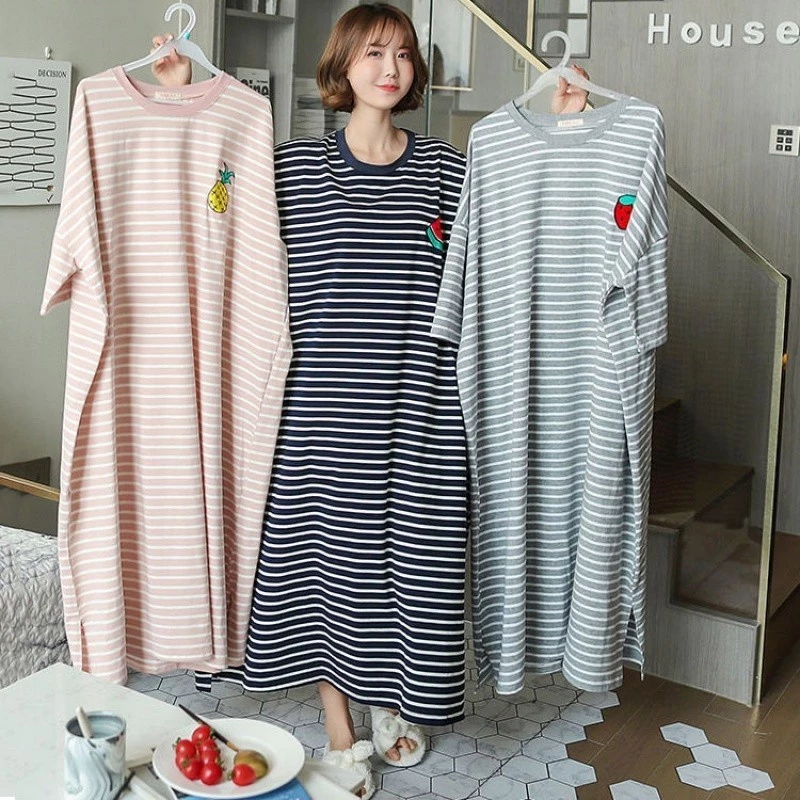 Bộ đồ ngủ nữ tay ngắn mùa hè họa tiết sọc co giãn mềm mại thêu hoa quả trang phục dễ thương