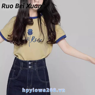 Ruo Bei Xuân Nữ Đơn Giản Cổ Tròn Tay Ngắn In Hình Nữ Mùa Hè Màu Vàng Chenille