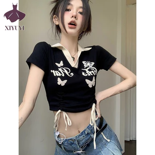 Xiyuyi Áo thun nữ Mùa hè retro hot girl cổ polo màu tương phản tay ngắn thêu in dây rút crop top