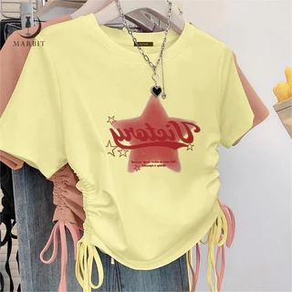 [Hbne] Áo thun dây rút in hình ngôi sao mùa hè dành cho nữ cổ tròn tay ngắn Y2K Crop Top FHS