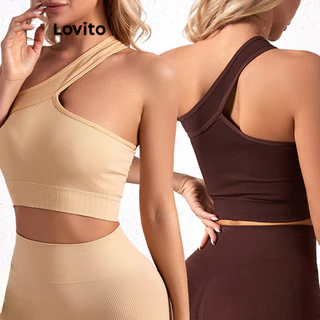 Áo ngực Lovito hở vai bất đối xứng màu trơn phong cách thể thao cho nữ LNL43043