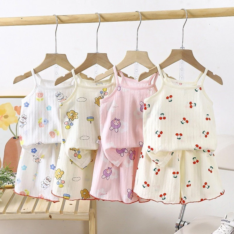 Bé Gái Suspenders Vest Quần Short Phù Hợp Với Bé Gái Mùa Hè Bộ Đồ Ngủ Cotton Quần Áo Nhà Hút Mồ Hôi Áo Điều Hòa Phù Hợp Với