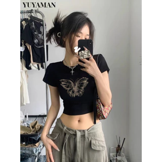 YUYAMAN áo phông áo thun nữ croptop baby tee hàn quốc Thời trang Comfortable Vintage WMY2392W40 18Z240501