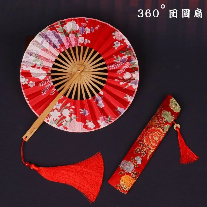 Quạt gấp cổ điển Quạt đoàn tụ Sử dụng hàng ngày Hanfu Sàn Catwalk Cung điện tròn Cô gái Trái tim Phong cách Trung Quốc In hình Quạt gấp Khiêu vũ