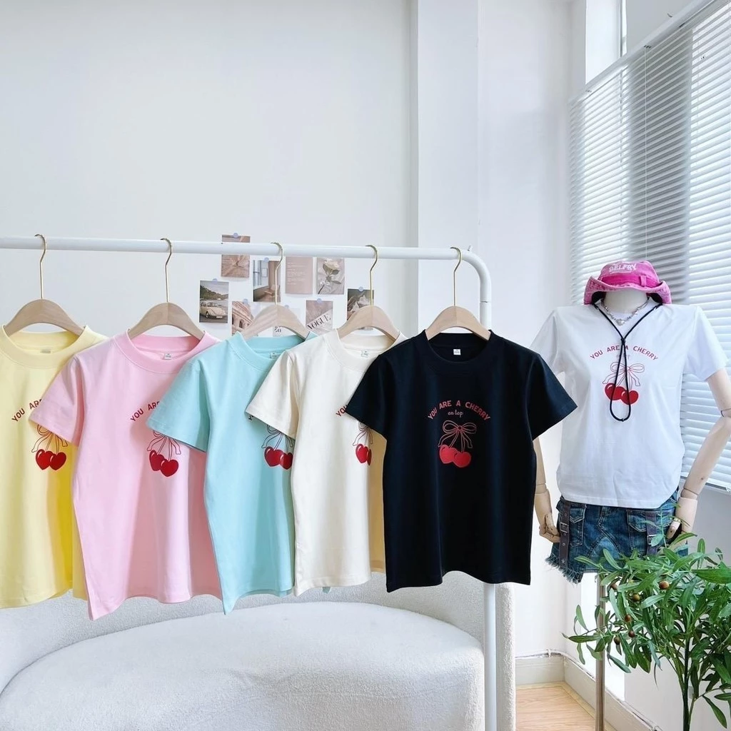 Áo thun Baby tee A Cherry màu basic dễ thương chất cotton 2 chiều co giãn, áo phông form vừa người có size