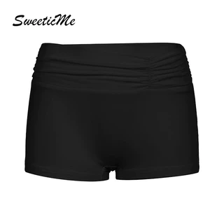 Sweeticme Nữ 2024 Thời Trang Mới Không Đều Nhăn Eo Thấp Màu Trơn Quần Short Nhân Quả