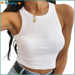 Cr Nữ Cổ Tròn Áo Vest Mùa Hè Không Tay Crop Tank Tops Slim Fit Rib-Knit Thể Thao Cơ Bản Áo Sơ Mi