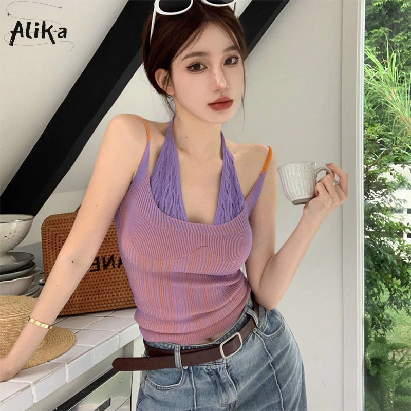 Áo vest nữ Alika y2k không tay phong cách Hàn Quốc dây đeo cổ dây ngọt ngào và đa năng với màu sắc tương phản thon gọn Áo không tay lưng đẹp