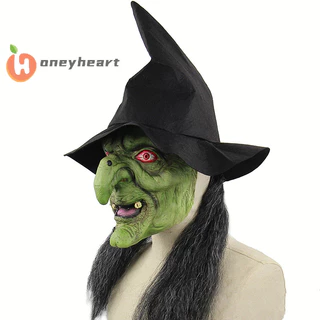 < Honeyheart > Mặt nạ phù thủy già kinh dị Halloween có mũ Cosplay Chú hề đáng sợ Hag Mặt nạ cao su Mặt xanh Mũi to Người phụ nữ già Trang phục dự tiệc Đạo cụ đẹp