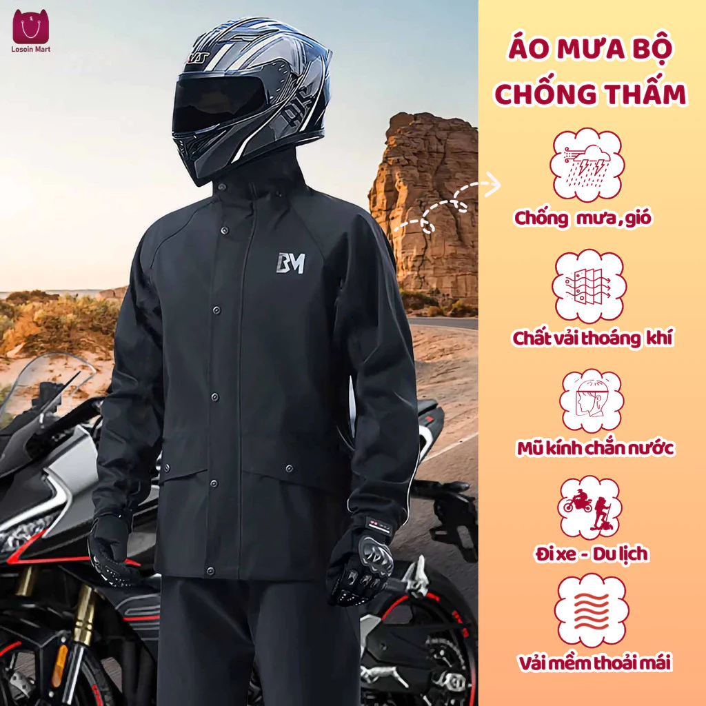 Áo mưa chống thấm nước liền mạch cho xe máy, lớp lót lưới thoáng khí, mũ trùm đầu có thể điều chỉnh