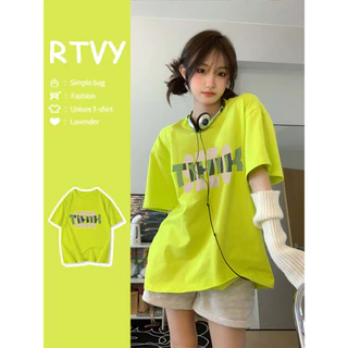 「RTVY」Áo thun ngắn tay 100% Cotton in chữ mùa hè dáng rộng thường ngày dành cho nữ