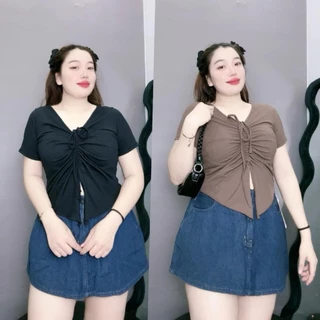 Áo thun croptop sz dưới 52kg tuỳ xhieeuf cao nữ tà nhọn cổ rút dây ở giữa tôn vòng một, Áo phông phom rộng chất gân tăm