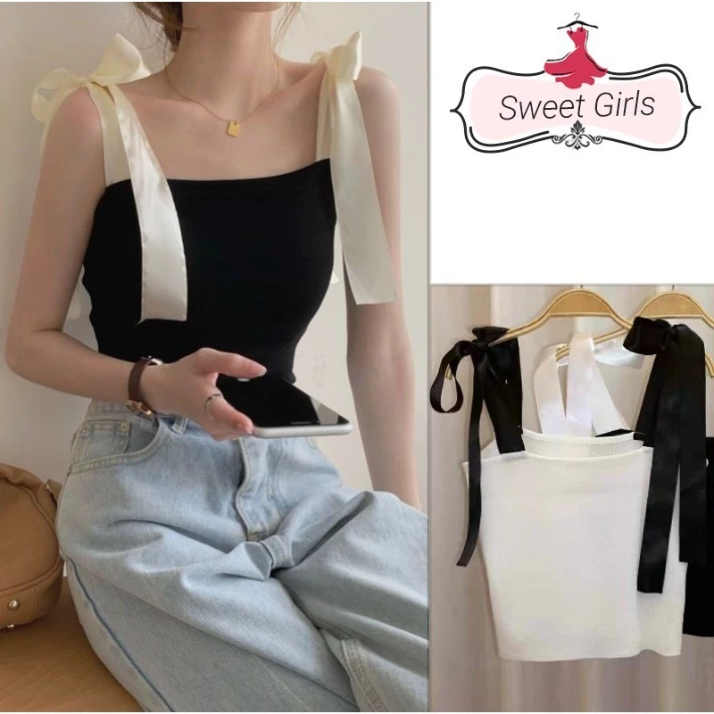 Mùa hè Phong cách mới Thắt nơ dệt kim Áo hai dây Slim Fit Áo không dây