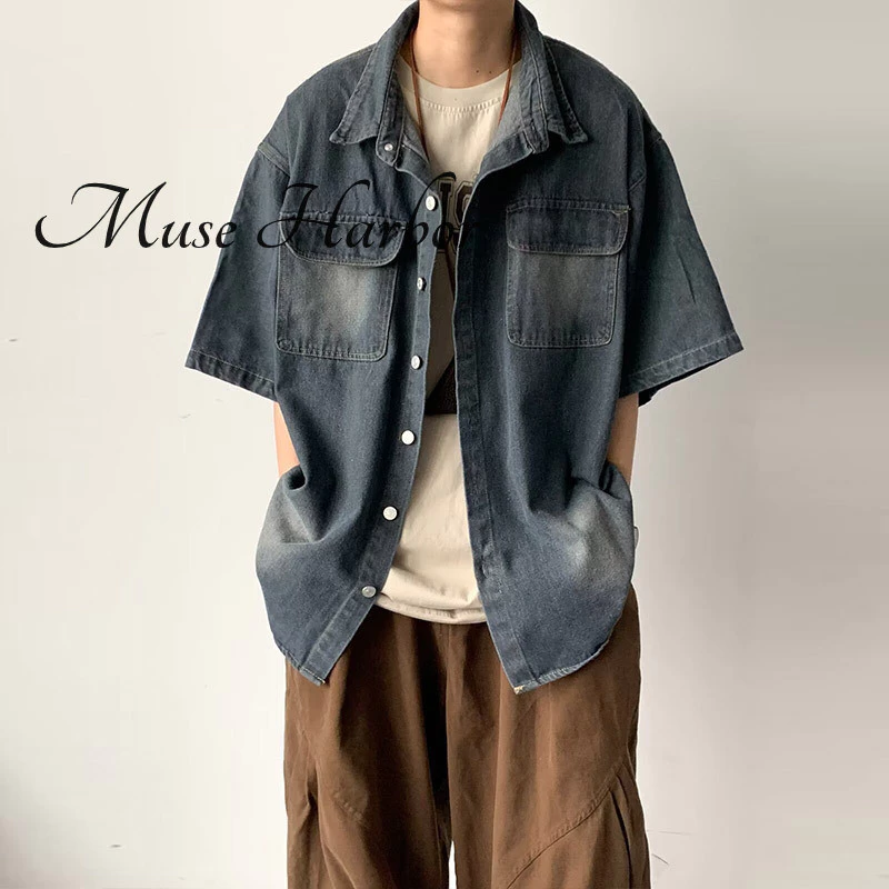 Muse HARBOR Áo sơ mi denim ngắn tay giặt khô mùa hè Nhật Bản