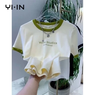 Áo thun ngắn tay in chữ Cotton nguyên chất màu tương phản dành cho nữ thiết kế mùa hè hàng đầu