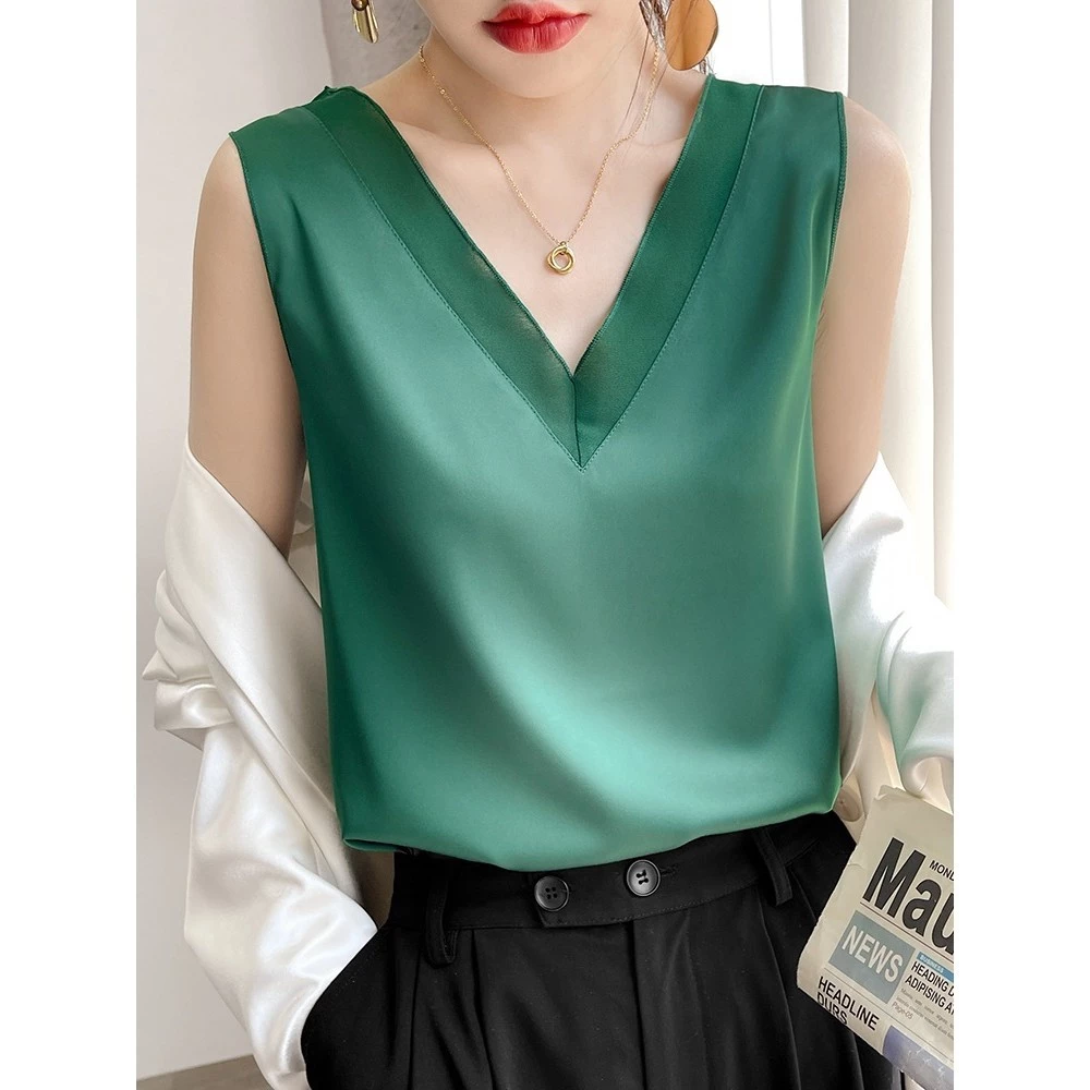 2023 Phong Cách Mới Lụa Nặng Nhỏ Camisole Nữ Cổ Chữ V Satin Không Tay Gạc Bên Trong Đế Trên