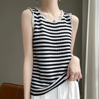 Nữ Mùa Hè Dễ Thương Sườn Đan Sọc Tank Top Nhẹ Ren Viền Cổ Chữ U Dây Đeo Cơ Bản Không Tay Áo