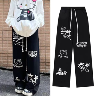 Unisex Đen Hello Kitty In Hình Rời Thẳng Chân Quần Nỉ Xu Hướng Hip Hop Phong Cách Đường Phố Ống Rộng Vũ Công Quần Thể Thao Cho Nữ Và Nam