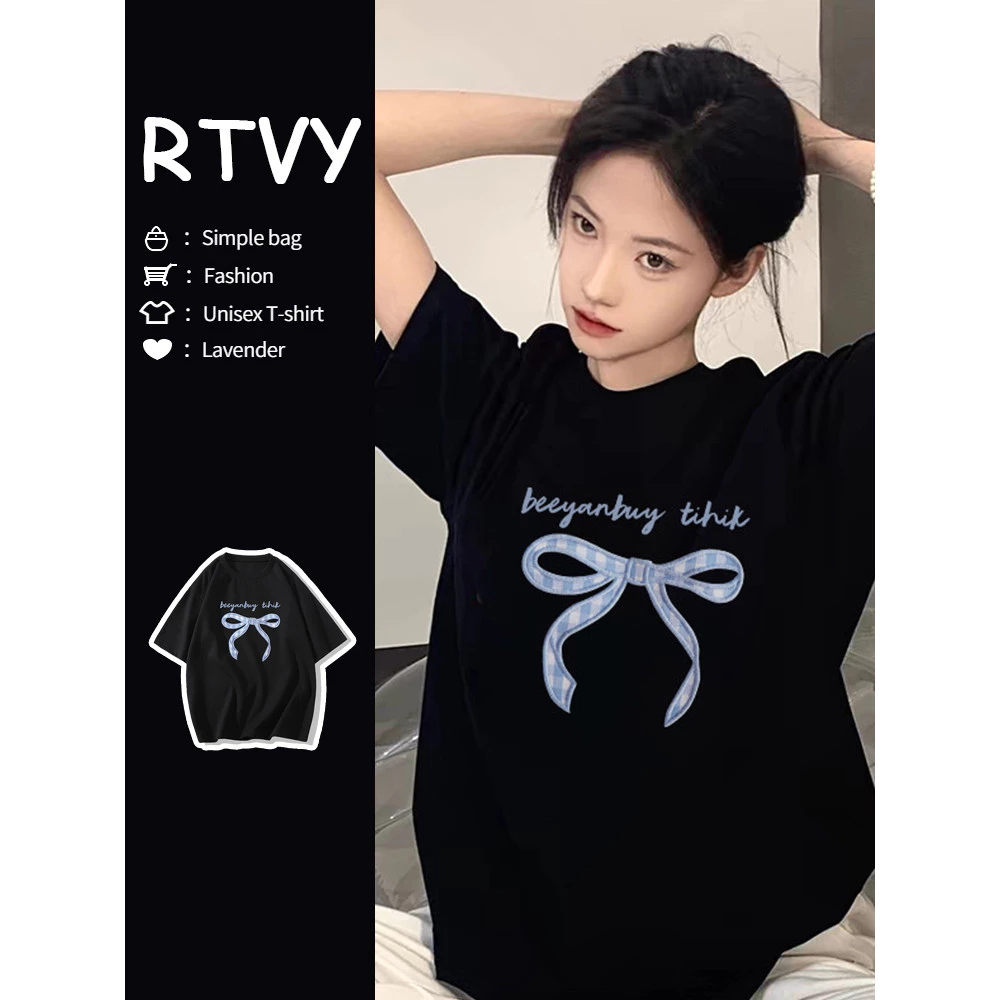 「RTVY」Áo thun Cotton in hình nơ ngắn tay thời trang dáng rộng thường ngày