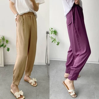 Phụ nữ Rayon túi quần giản dị trơn mỏng cắt quần mùa hè 2024 dáng rộng cộng với kích thước quần harem