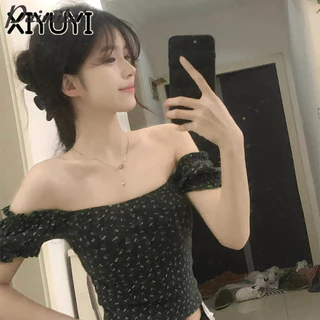 Paimilai Hoa Puff Tay Một Vai Retro Slim Fit Crop Top