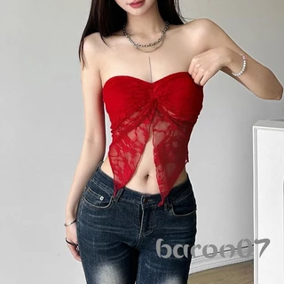 Phụ Nữ Crop Tube Tops Ren Lưới Phía Trước Khe Dây Áo Tank Tops Mùa Hè Backless Bandeau Áo Sơ Mi