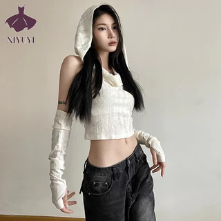 Xiyuyi Áo Hoodie nữ Hot Girl Croped Ripped Vest Crop Solid Color Top