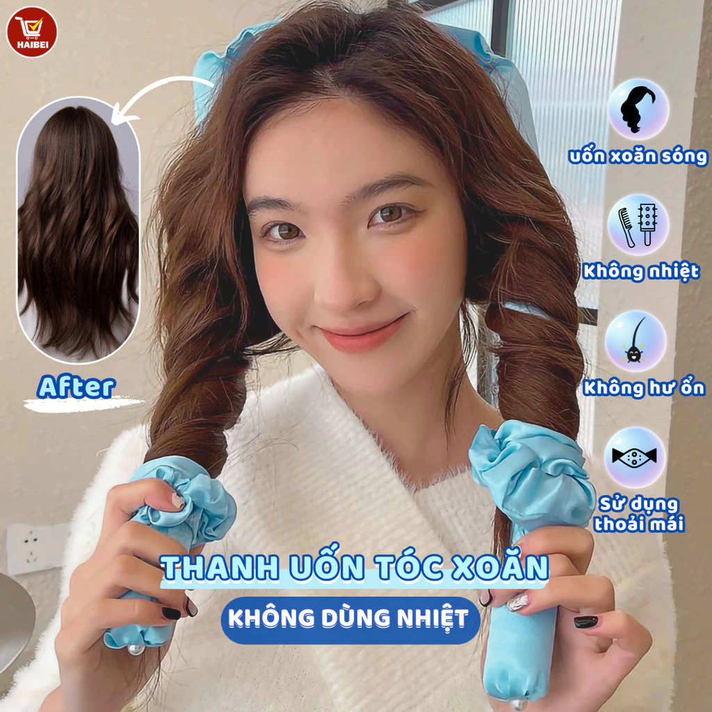 Thanh uốn tóc không dùng nhiệt, có dây buộc tóc và kẹp tóc, uốn tóc xoăn tự nhiên mà không lo hỏng tóc