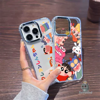 Tương thích cho IPhone 15 14 13 12 11 Pro Max XR 8 7 Plus SE 2020 X XS Max Phim Hoạt Hình Dễ Thương Cặp Đôi Crayon Shin-chan Vui Vẻ Trong Suốt Mạ Điện Ống Kính Ốp điện thoại Silicon Bảo Vệ