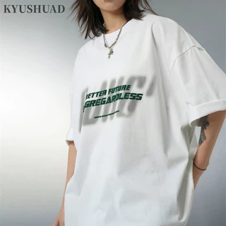 Kyushuad nam ngắn tay kiểu Mỹ cổ điển in chữ xu hướng ins phong cách áo thun cotton rộng rãi