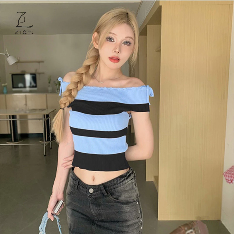 Ztoly Mùa Hè Hàn Quốc Tay Ngắn Rời Vai Sọc Dệt Kim Áo Thun Nữ Crop Top TR