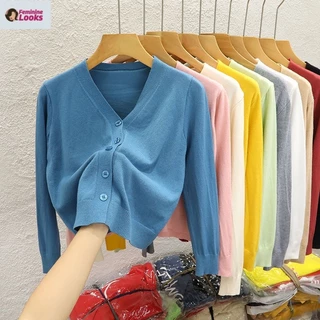 Áo cardigan Dệt Kim Tay Dài Cổ Chữ v Màu Trơn Phong Cách Hàn Quốc Thời Trang Cho Nữ Mã Fi8