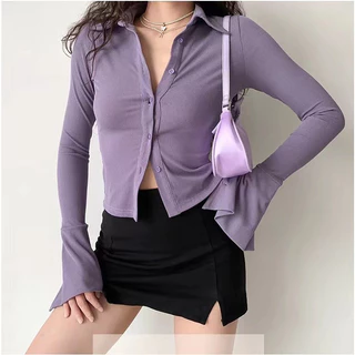 Áo len cardigan tay sừng màu trơn cổ polo dài tay mỏng