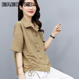 Áo sơ mi cotton ngắn tay EAEOVNILarge kết hợp với quần áo nữ thời trang Hàn Quốc dây rút