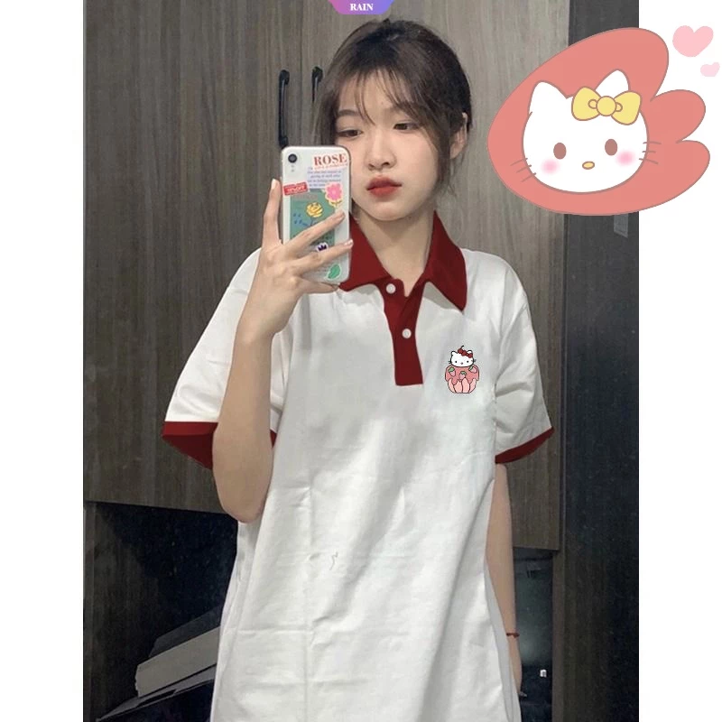 Sanrio Phong Cách Đại Học HelloKitty In Hình Cổ POLO Tay Ngắn Mùa Hè Ins Phong Cách Sinh Viên Chặn Màu Áo Thun Rời Áo [RAIN]