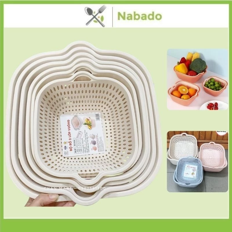 Rổ nhựa chữ nhật kèm chậu bộ 6 món , rổ rửa rau củ hoa quả hàng cao cấp Việt Nhật