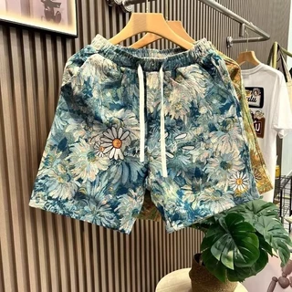 Quần Short Nam Mùa Hè Rời Thẳng Buộc-Dye Crop Quần Daisy Thiết Kế Thêu Cặp Đôi Phong Cách Hàn Quốc INS Phong Cách