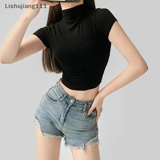 Li Mùa Hè Thời Trang Nửa Cổ Rùa Áo Thun Nữ Màu Trơn Mỏng Crop Top SHU