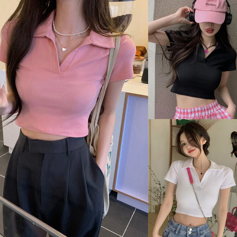 Áo thun ngắn tay cổ Polo thông thường Áo Crop Top mùa hè dành cho nữ