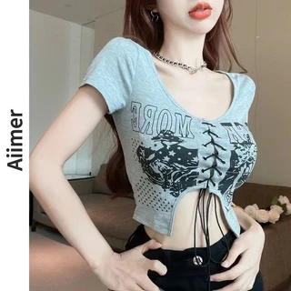 Nữ Mùa Hè Mỹ Retro Gợi Cảm Cổ Tròn In Ren Không Đều Slim Fit Dew Eo Top