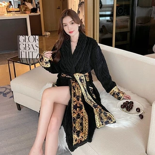 Váy Ngủ Nữ Thu Đông San Hô Lông Cừu Plus Lông Cừu Dày Bộ Đồ Ngủ Cao Cấp Nữ Dài Váy Ngủ Yukata Dịch Vụ Tại Nhà Đen 3XQI