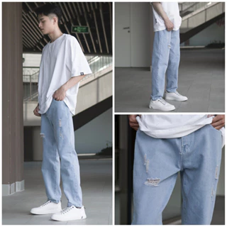 Quần jeans nam nữ rách dáng baggy suông màu xanh nhạt mài rách xước gối đùi đẹp 03 Ponluxury