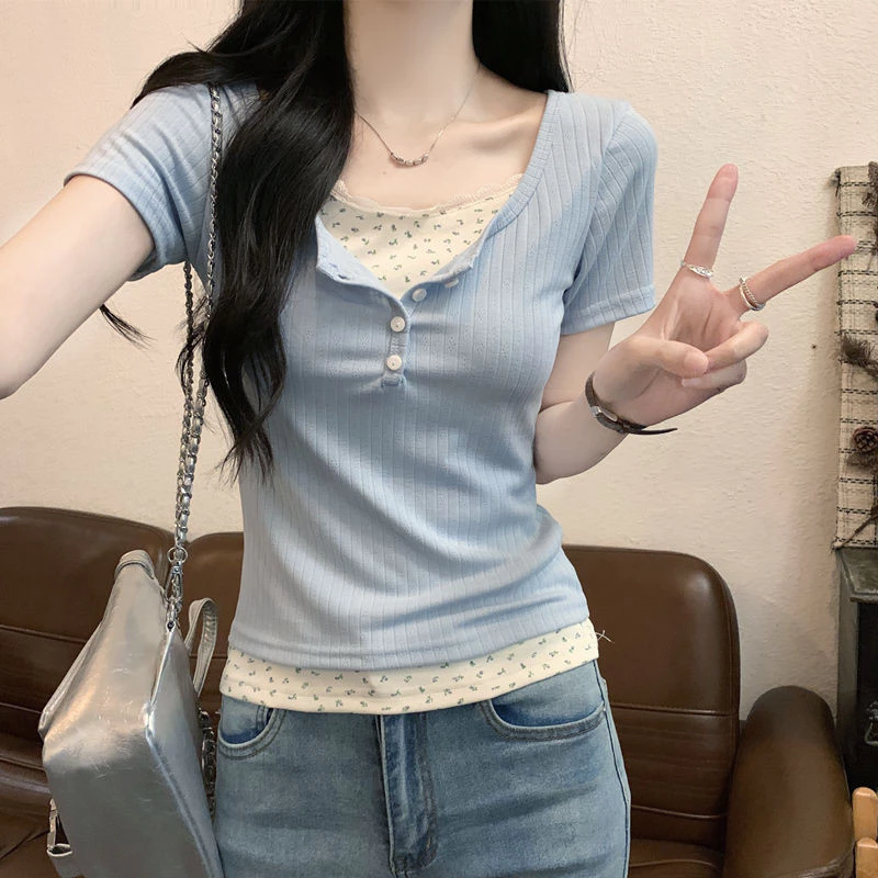 Áo thun cotton ngắn tay nữ BH giả hai mảnh đế ren hoa chắp vá vừa vặn